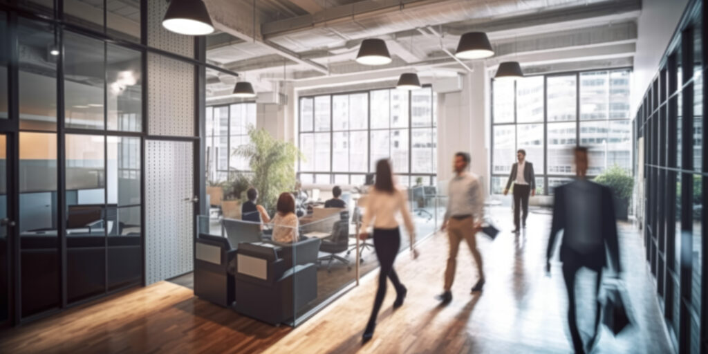 Modern office interior with busy business people walking around. Generative AI AIG18.