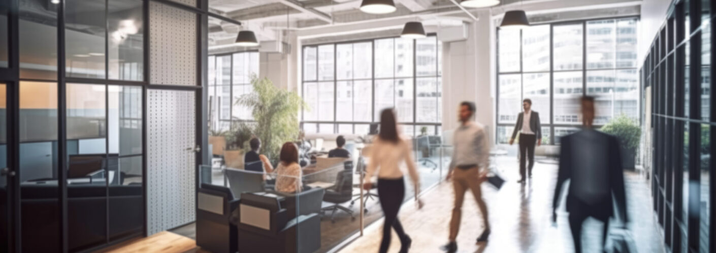 Modern office interior with busy business people walking around. Generative AI AIG18. Modern office interior with busy business people walking around. Generative AI AIG18.